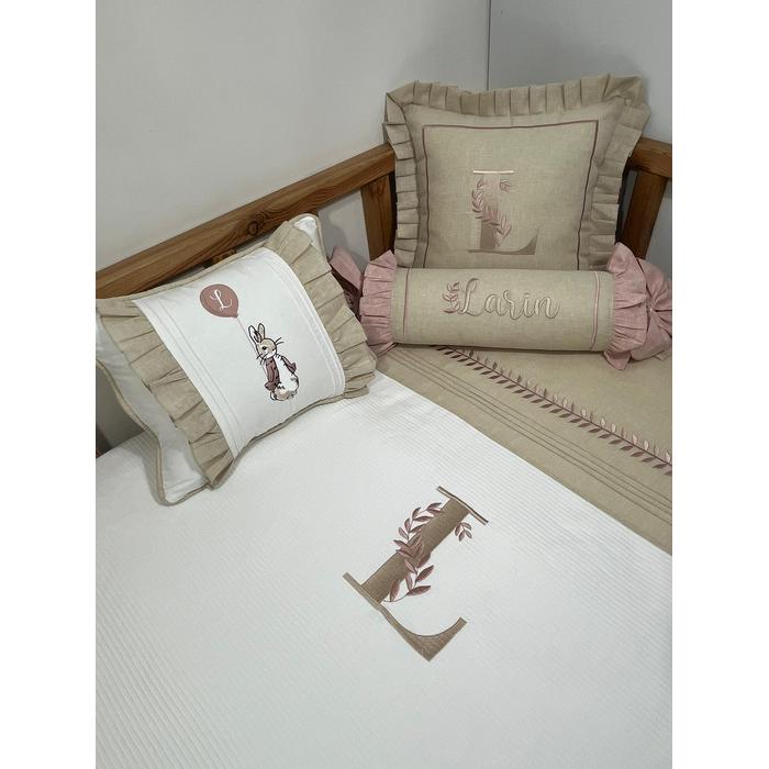 Pike takımı 6 parça beyaz fitilli pike - bej isviçre keteni 3