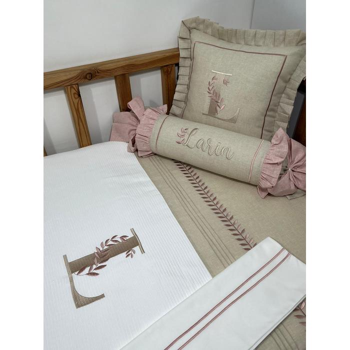 Pike takımı 6 parça beyaz fitilli pike - bej isviçre keteni 3