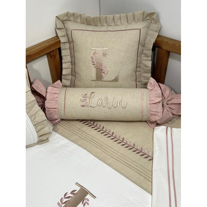 Pike takımı 6 parça beyaz fitilli pike - bej isviçre keteni 3