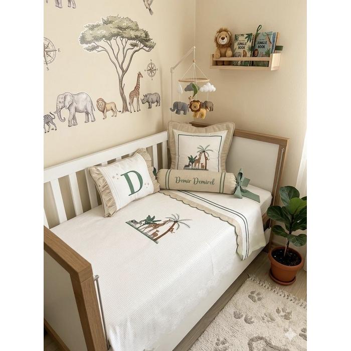 Pike takımı 6 parça beyaz fitilli pike - bej isviçre keteni 6