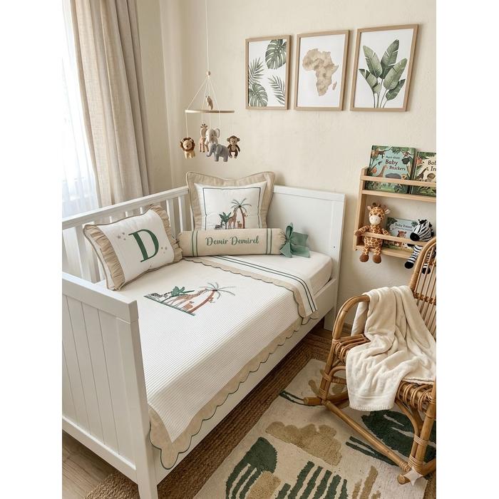 Pike takımı 6 parça beyaz fitilli pike - bej isviçre keteni 6