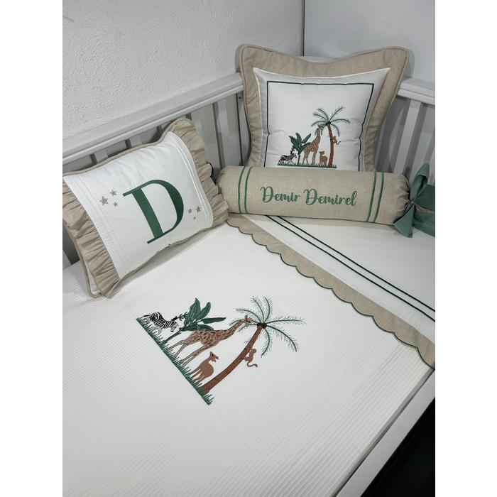 Pike takımı 6 parça beyaz fitilli pike - bej isviçre keteni 6