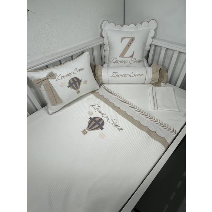 Pike takımı 6 parça beyaz fitilli pike - bej isviçre keteni 7