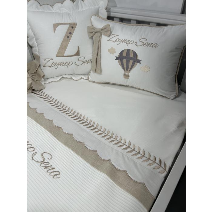 Pike takımı 6 parça beyaz fitilli pike - bej isviçre keteni 7