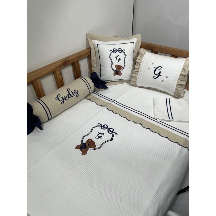 Pike takımı 6 parça beyaz fitilli pike - bej isviçre keteni