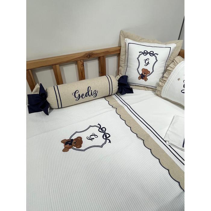 Pike takımı 6 parça beyaz fitilli pike - bej isviçre keteni