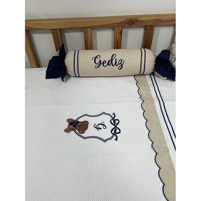 Pike takımı 6 parça beyaz fitilli pike - bej isviçre keteni