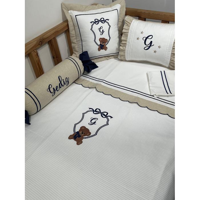 Pike takımı 6 parça beyaz fitilli pike - bej isviçre keteni