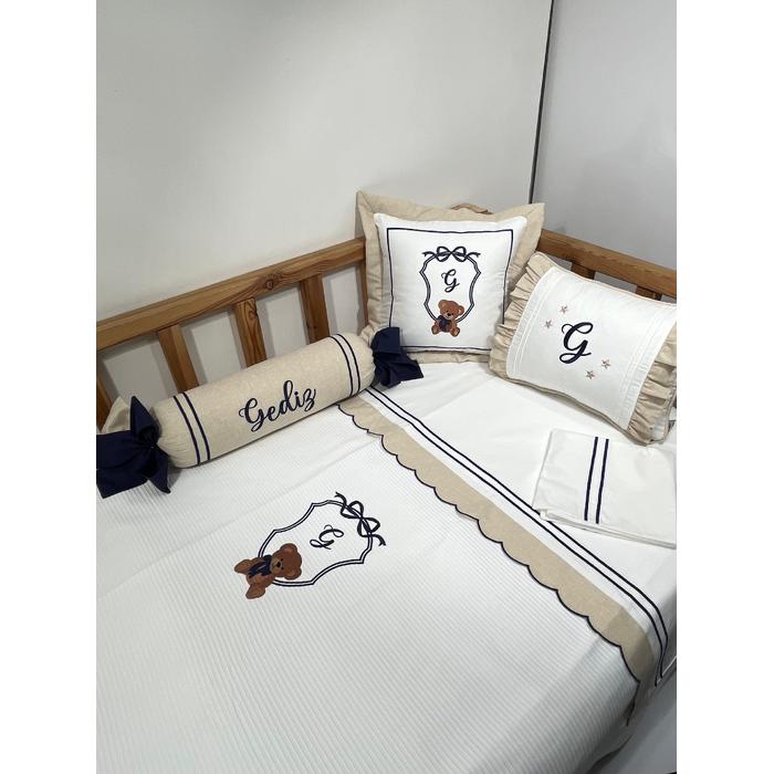 Pike takımı 6 parça beyaz fitilli pike - bej isviçre keteni