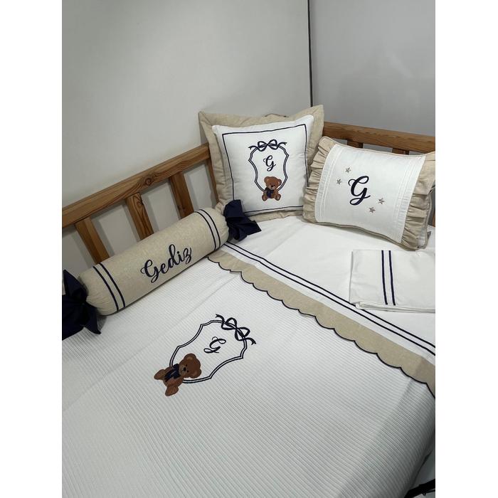 Pike takımı 6 parça beyaz fitilli pike - bej isviçre keteni