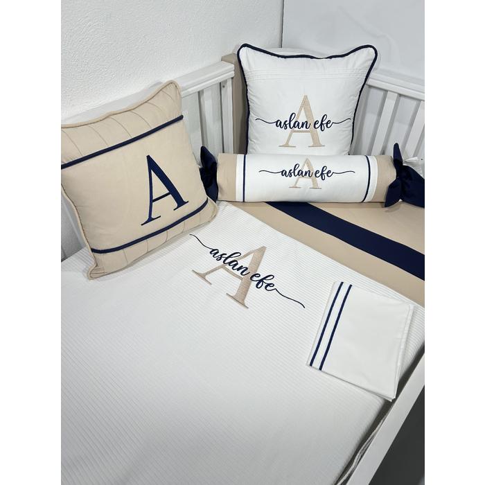 Pike takımı 6 parça beyaz fitilli pike - bej poplin 2