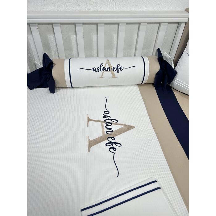 Pike takımı 6 parça beyaz fitilli pike - bej poplin 2