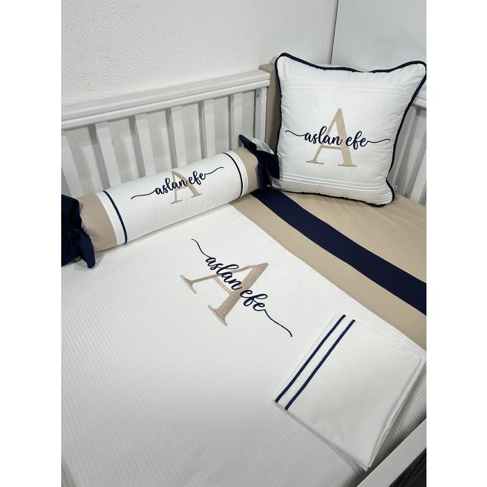 Pike takımı 6 parça beyaz fitilli pike - bej poplin 2