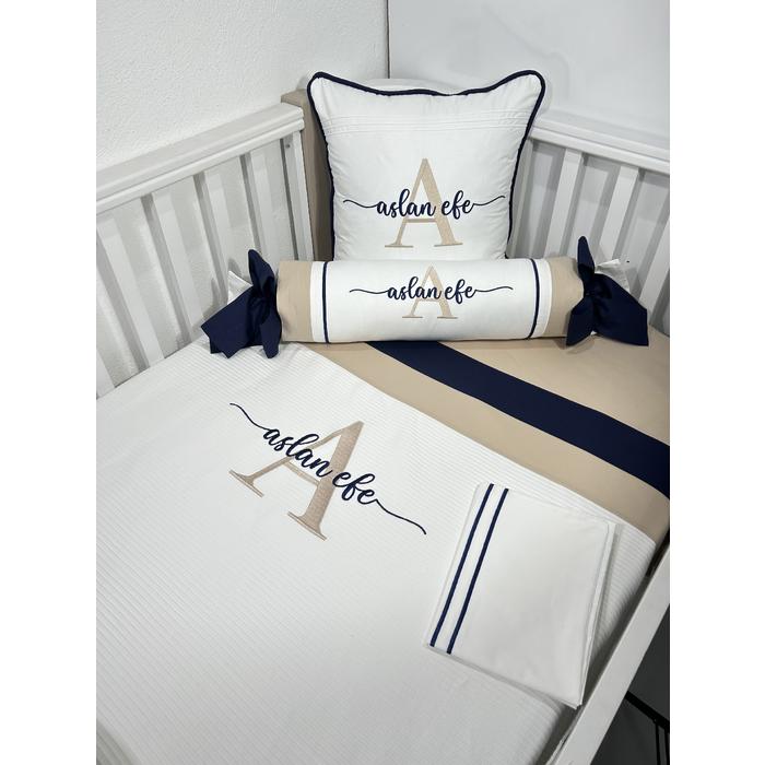 Pike takımı 6 parça beyaz fitilli pike - bej poplin 2