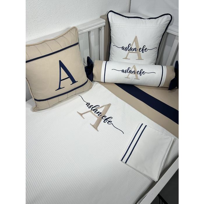 Pike takımı 6 parça beyaz fitilli pike - bej poplin 2