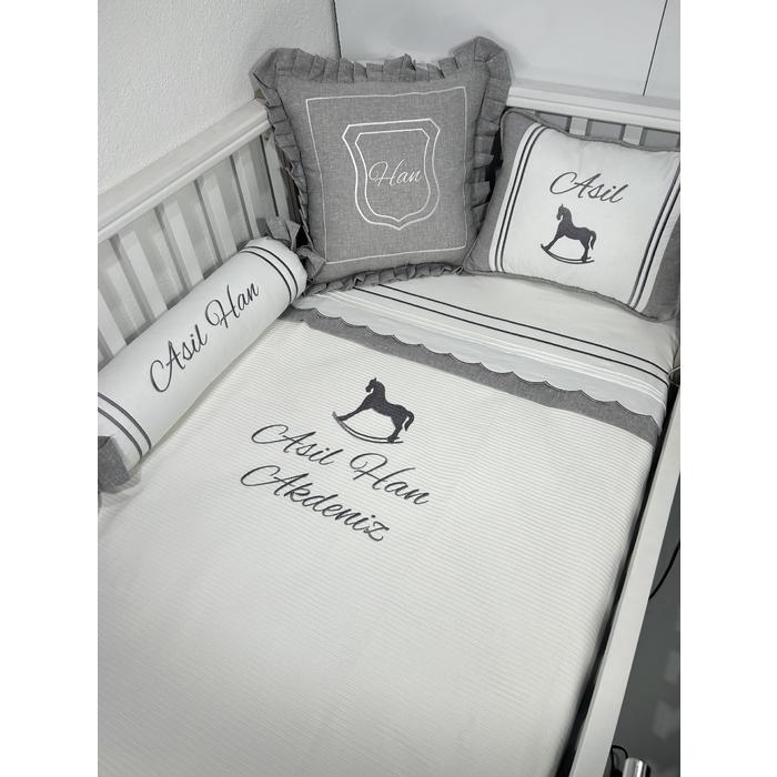 Pike takımı 6 parça beyaz fitilli pike - gri isviçre keteni