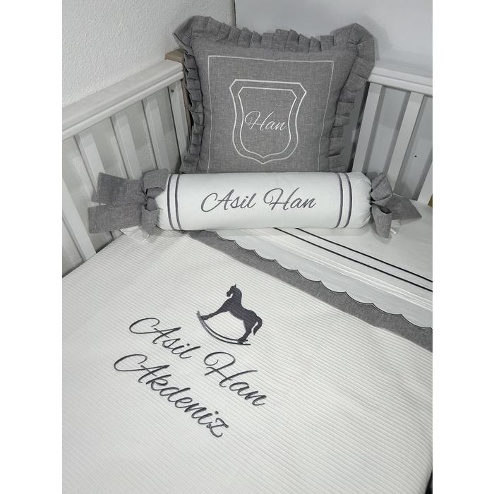 Pike takımı 6 parça beyaz fitilli pike - gri isviçre keteni