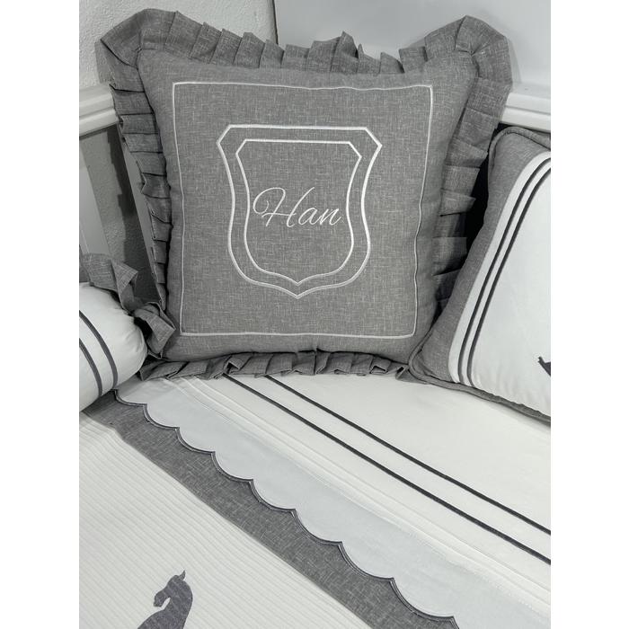 Pike takımı 6 parça beyaz fitilli pike - gri isviçre keteni