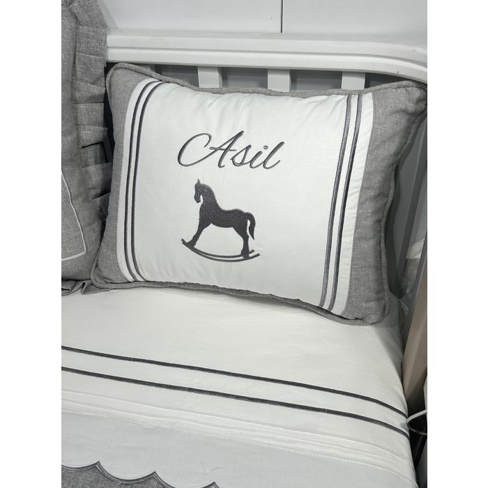 Pike takımı 6 parça beyaz fitilli pike - gri isviçre keteni