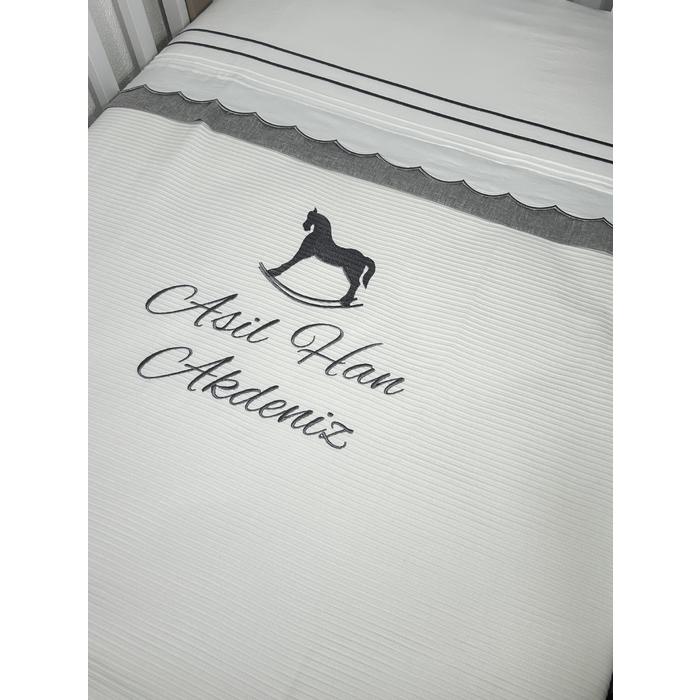 Pike takımı 6 parça beyaz fitilli pike - gri isviçre keteni