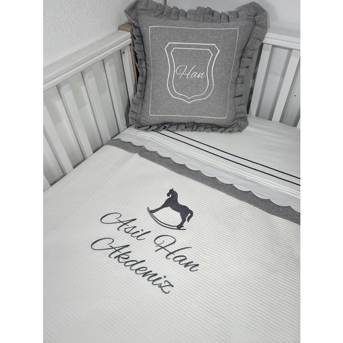 Pike takımı 6 parça beyaz fitilli pike - gri isviçre keteni