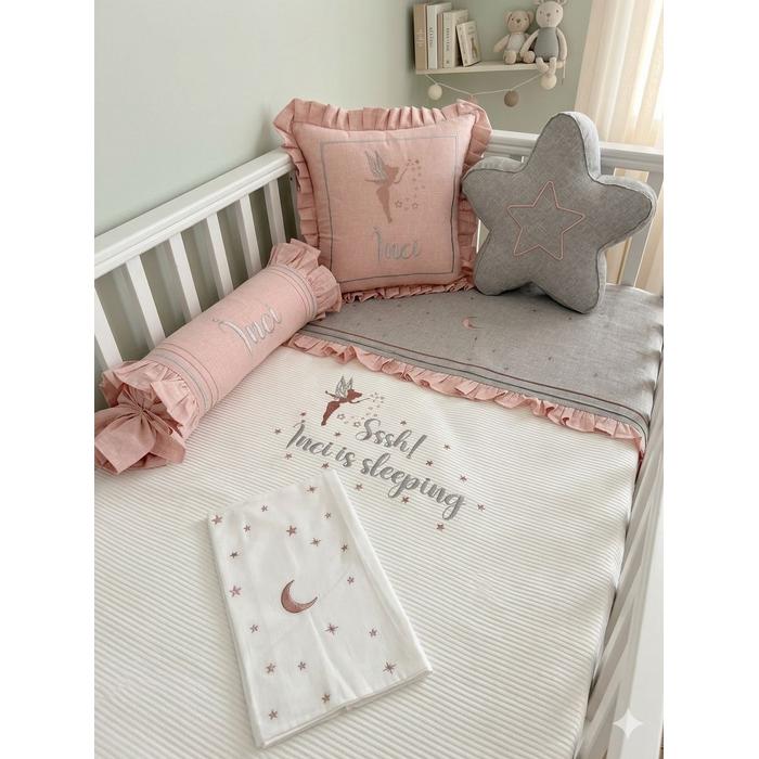 Pike takımı 6 parça beyaz fitilli pike - gri ve pudra pembe isviçre keten