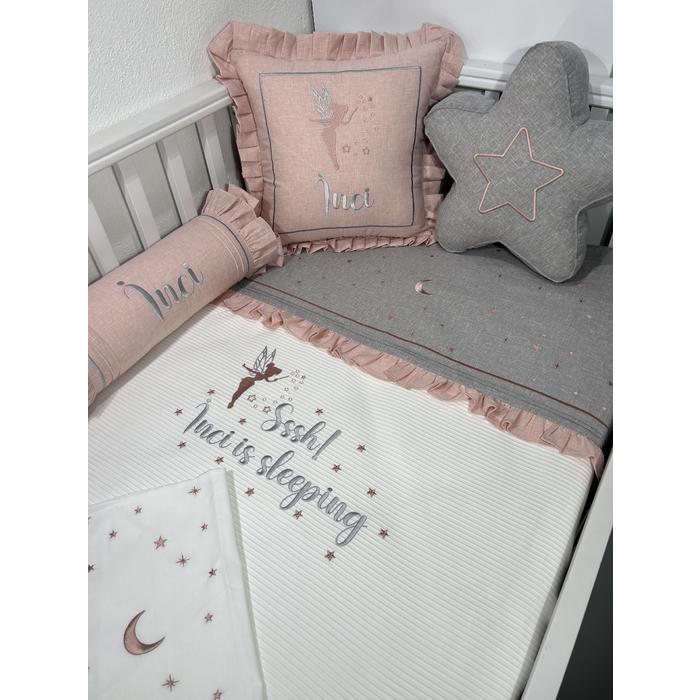 Pike takımı 6 parça beyaz fitilli pike - gri ve pudra pembe isviçre keten