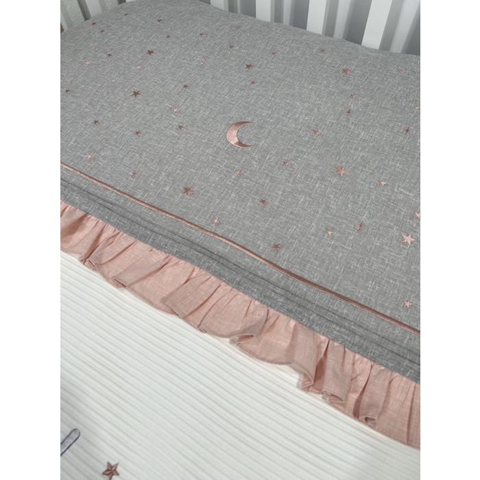 Pike takımı 6 parça beyaz fitilli pike - gri ve pudra pembe isviçre keten