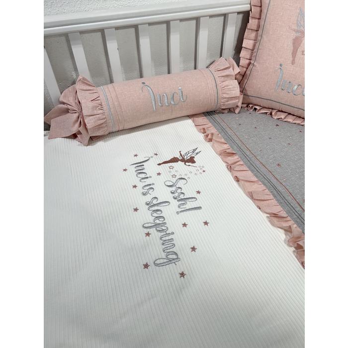 Pike takımı 6 parça beyaz fitilli pike - gri ve pudra pembe isviçre keten