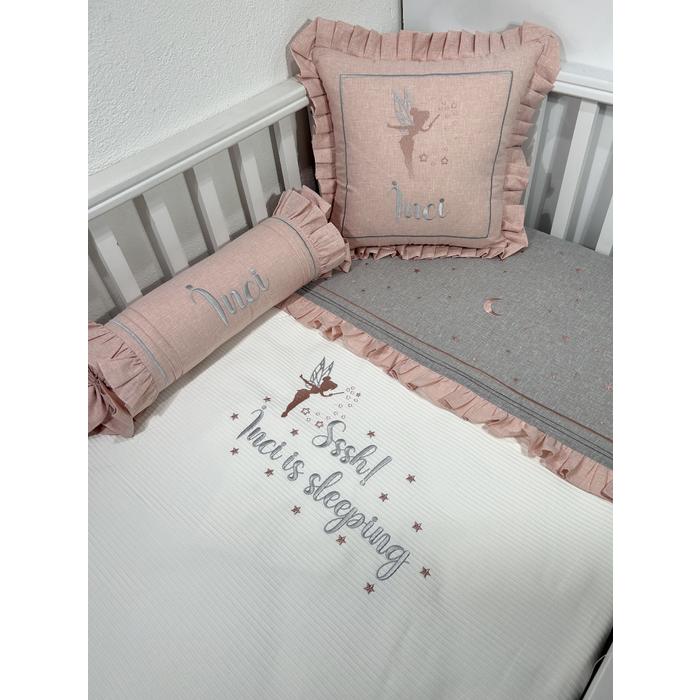 Pike takımı 6 parça beyaz fitilli pike - gri ve pudra pembe isviçre keten