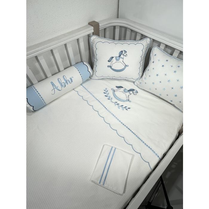 Pike takımı 6 parça beyaz fitilli pike - mavi poplin 2