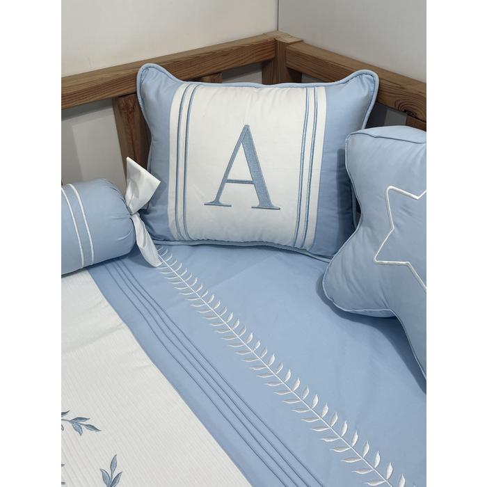 Pike takımı 6 parça beyaz fitilli pike - mavi poplin