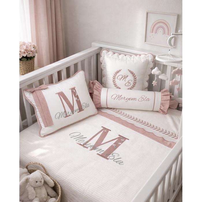 Pike takımı 6 parça beyaz fitilli pike - pudra pembe isviçre keten