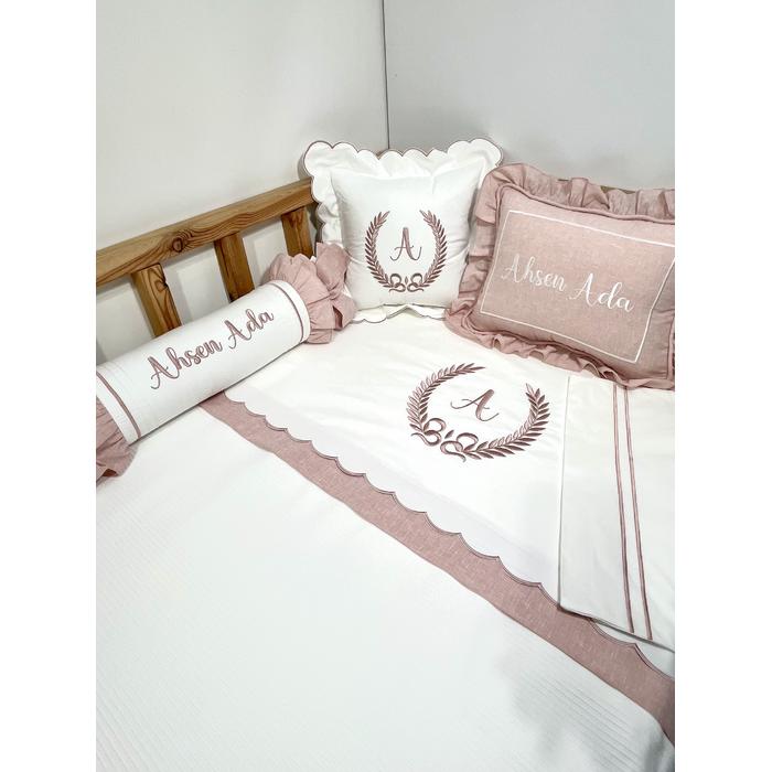 Pike takımı 6 parça beyaz fitilli pike - pudra pembe isviçre keten 2