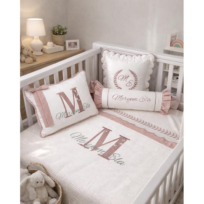 Pike takımı 6 parça beyaz fitilli pike - pudra pembe isviçre keten