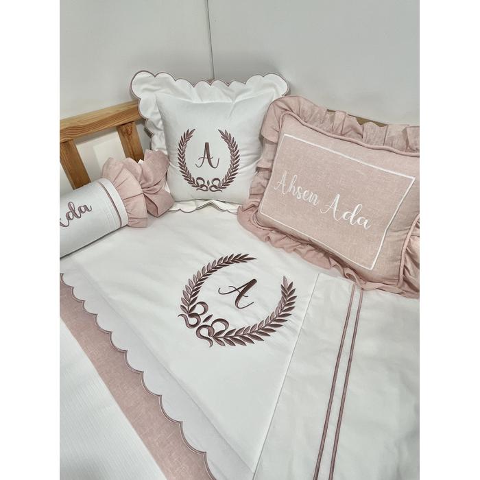 Pike takımı 6 parça beyaz fitilli pike - pudra pembe isviçre keten 2