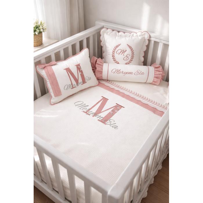 Pike takımı 6 parça beyaz fitilli pike - pudra pembe isviçre keten