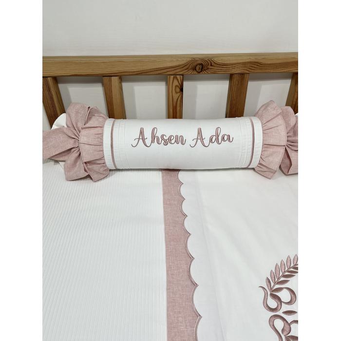 Pike takımı 6 parça beyaz fitilli pike - pudra pembe isviçre keten 2