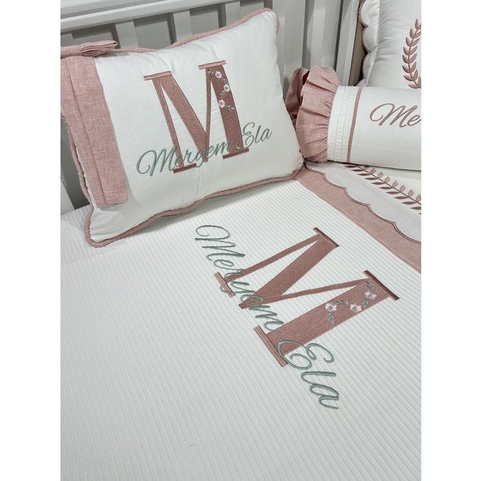 Pike takımı 6 parça beyaz fitilli pike - pudra pembe isviçre keten