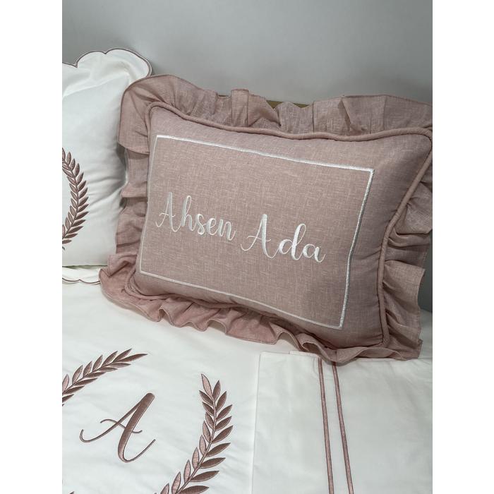 Pike takımı 6 parça beyaz fitilli pike - pudra pembe isviçre keten 2