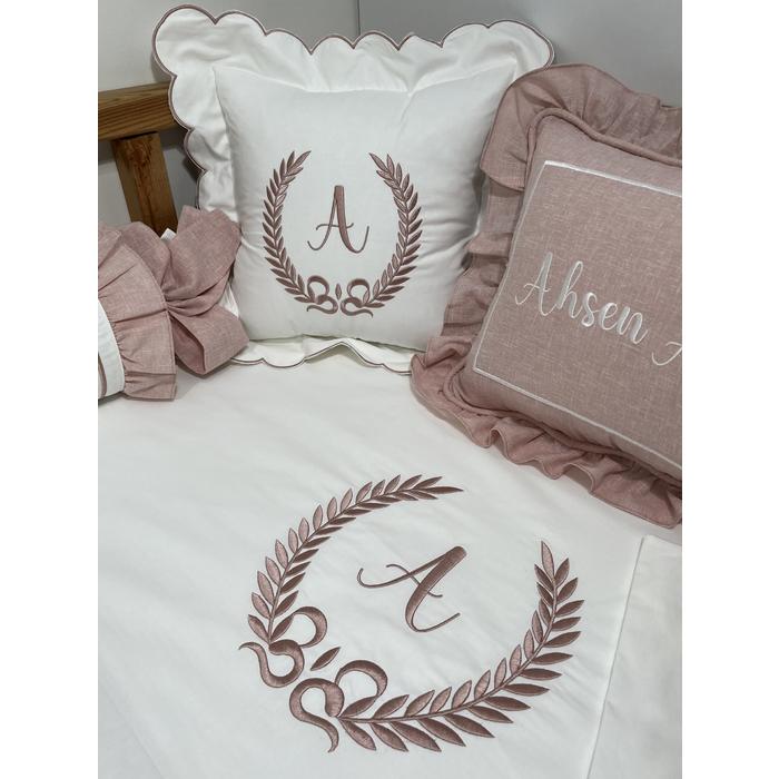 Pike takımı 6 parça beyaz fitilli pike - pudra pembe isviçre keten 2