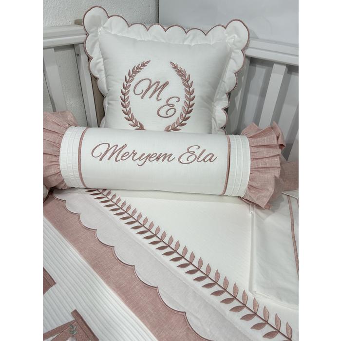 Pike takımı 6 parça beyaz fitilli pike - pudra pembe isviçre keten