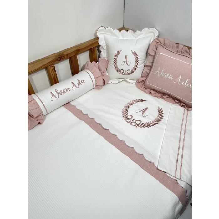 Pike takımı 6 parça beyaz fitilli pike - pudra pembe isviçre keten 2