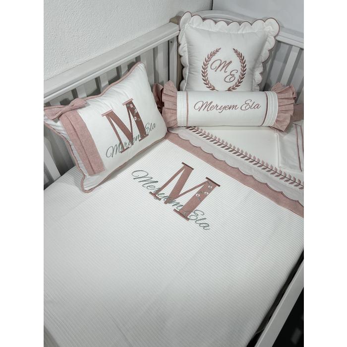 Pike takımı 6 parça beyaz fitilli pike - pudra pembe isviçre keten