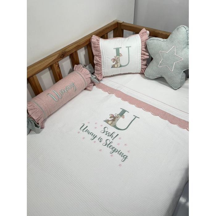 Pike takımı 6 parça beyaz fitilli pike - pudra pembe ve yeşil isviçre keteni 