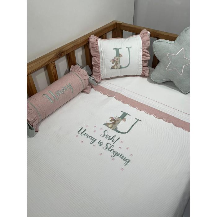 Pike takımı 6 parça beyaz fitilli pike - pudra pembe ve yeşil isviçre keteni 