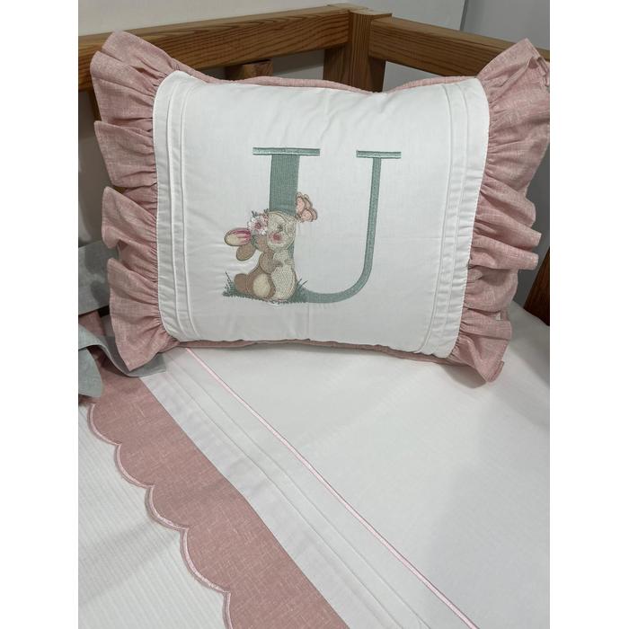 Pike takımı 6 parça beyaz fitilli pike - pudra pembe ve yeşil isviçre keteni 