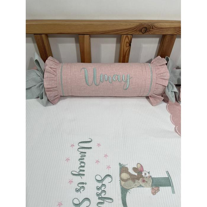 Pike takımı 6 parça beyaz fitilli pike - pudra pembe ve yeşil isviçre keteni 