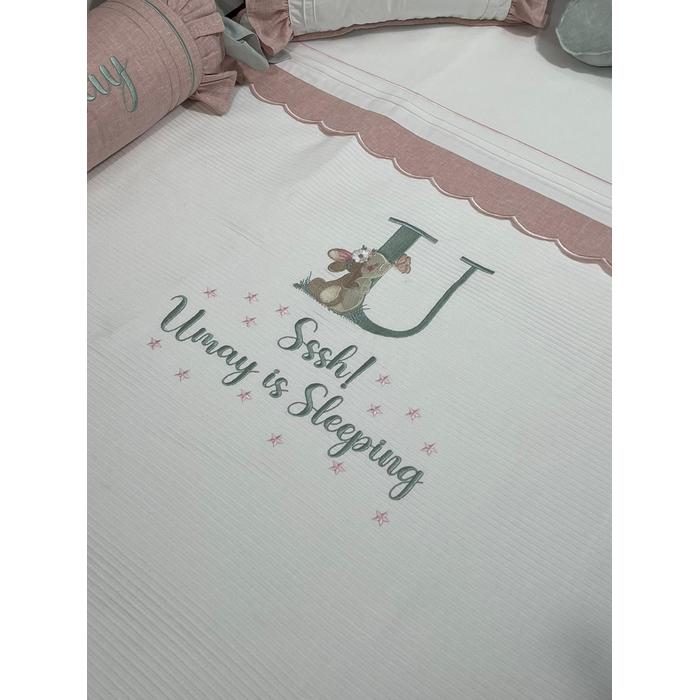 Pike takımı 6 parça beyaz fitilli pike - pudra pembe ve yeşil isviçre keteni 