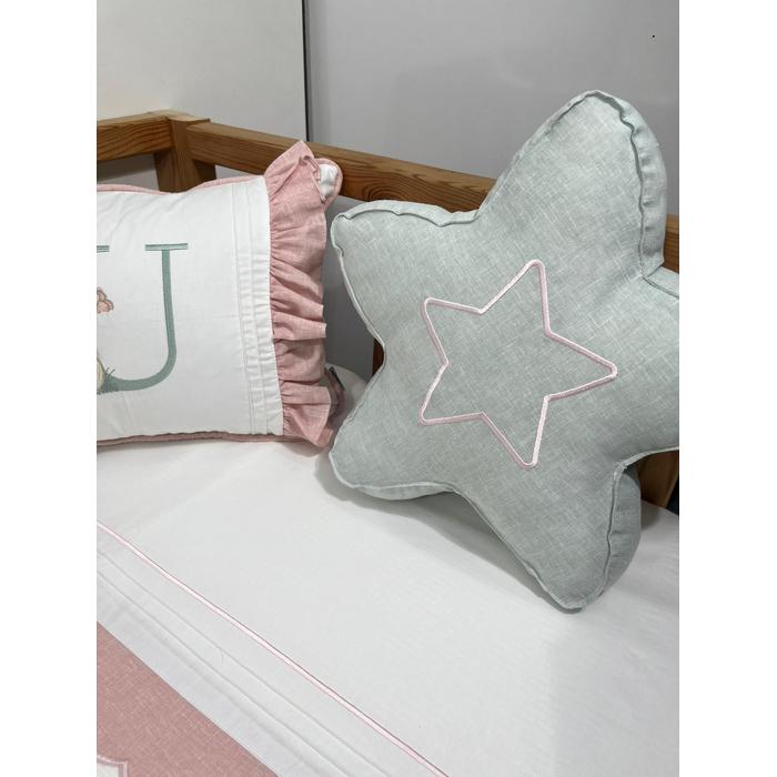 Pike takımı 6 parça beyaz fitilli pike - pudra pembe ve yeşil isviçre keteni 